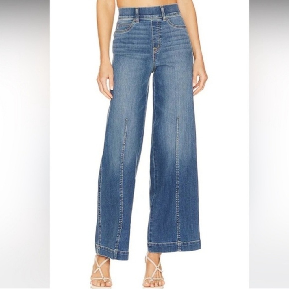 SPANX Wide Leg Denim Jumpsuit Pants in Medium Blue
